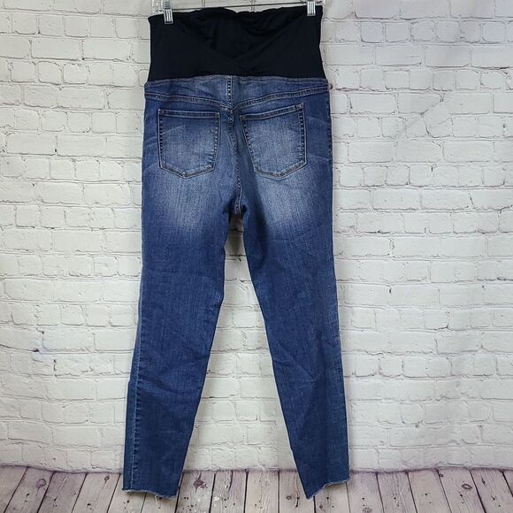 Isabel Maternity Over Belly Skinny Raw Hem Distressed Maternity Blue Ankle Jeans - Picture 9 of 11